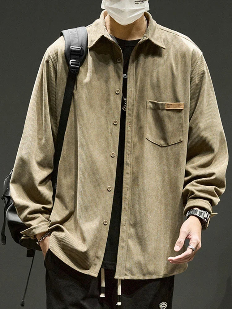 Loose Fit Corduroy Cargo Shirt Men | Vintage Streetwear Overshirt-HighTouch