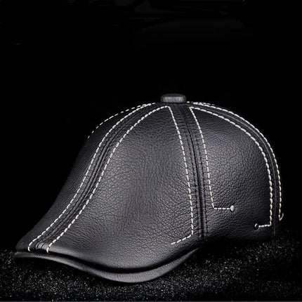 Authentic Cowhide Leather Beret – Men’s Striped Black Real Leather Cap