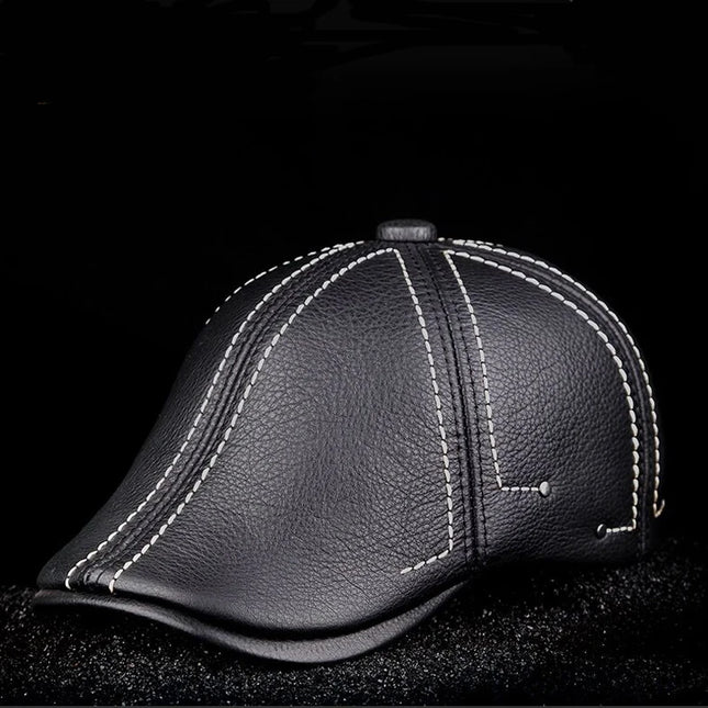 Authentic Cowhide Leather Beret – Men’s Striped Black Real Leather Cap