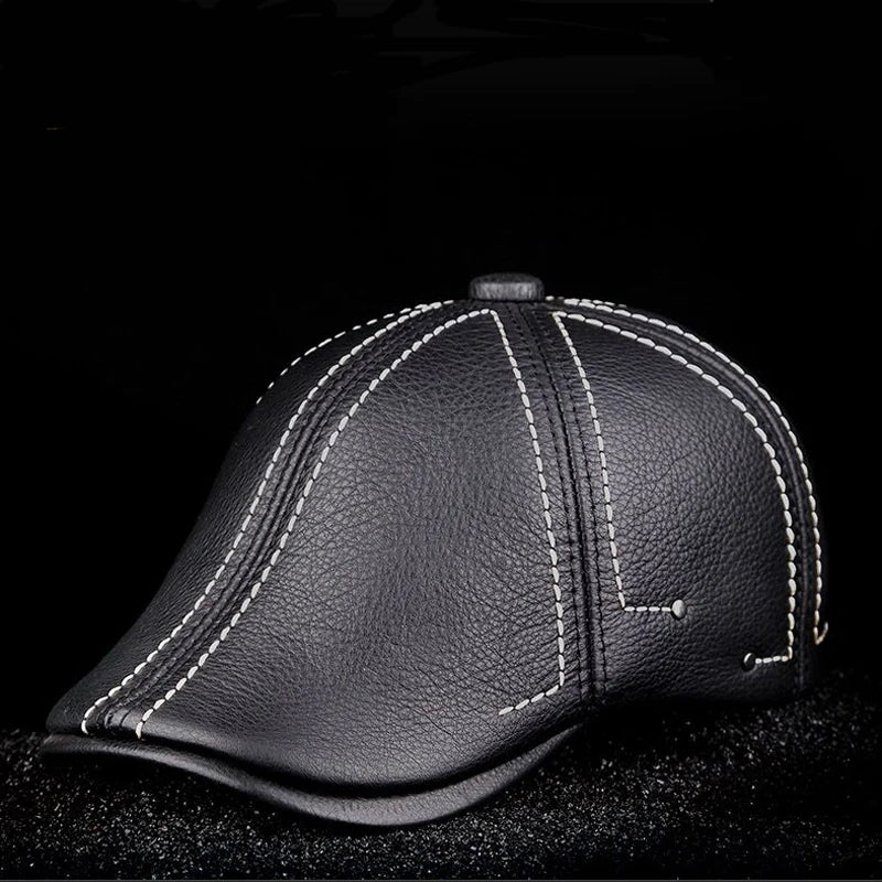 Authentic Cowhide Leather Beret – Men’s Striped Black Real Leather Cap-HighTouch