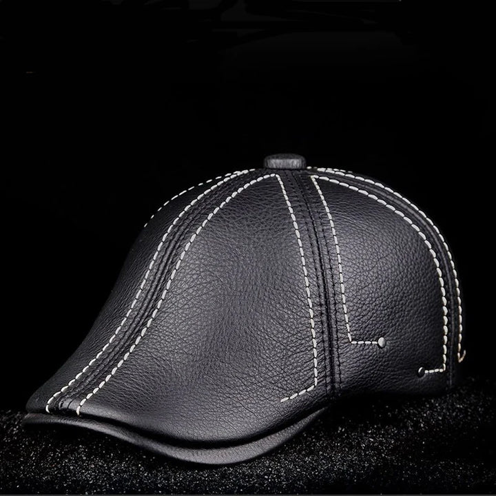 Authentic Cowhide Leather Beret – Men’s Striped Black Real Leather Cap-HighTouch
