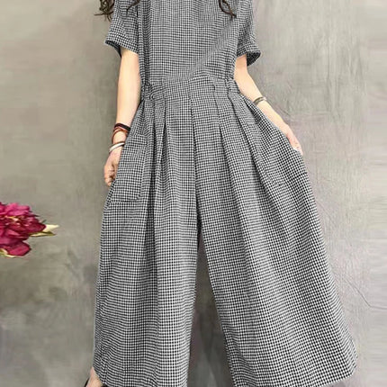 ZANZEA Gingham Wide-Leg Jumpsuit – Pleated Waist Casual Romper