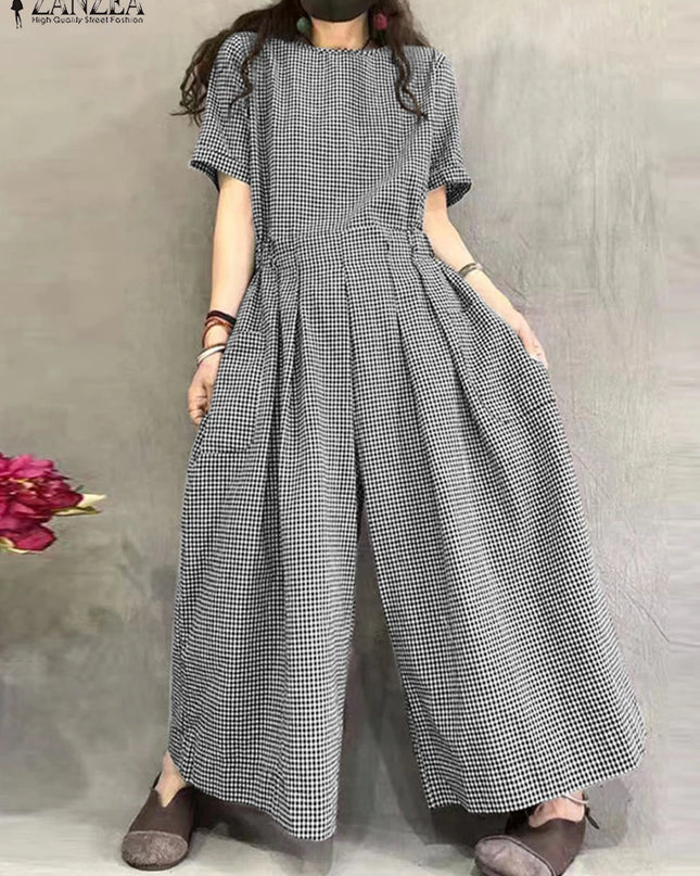 ZANZEA Gingham Wide-Leg Jumpsuit – Pleated Waist Casual Romper