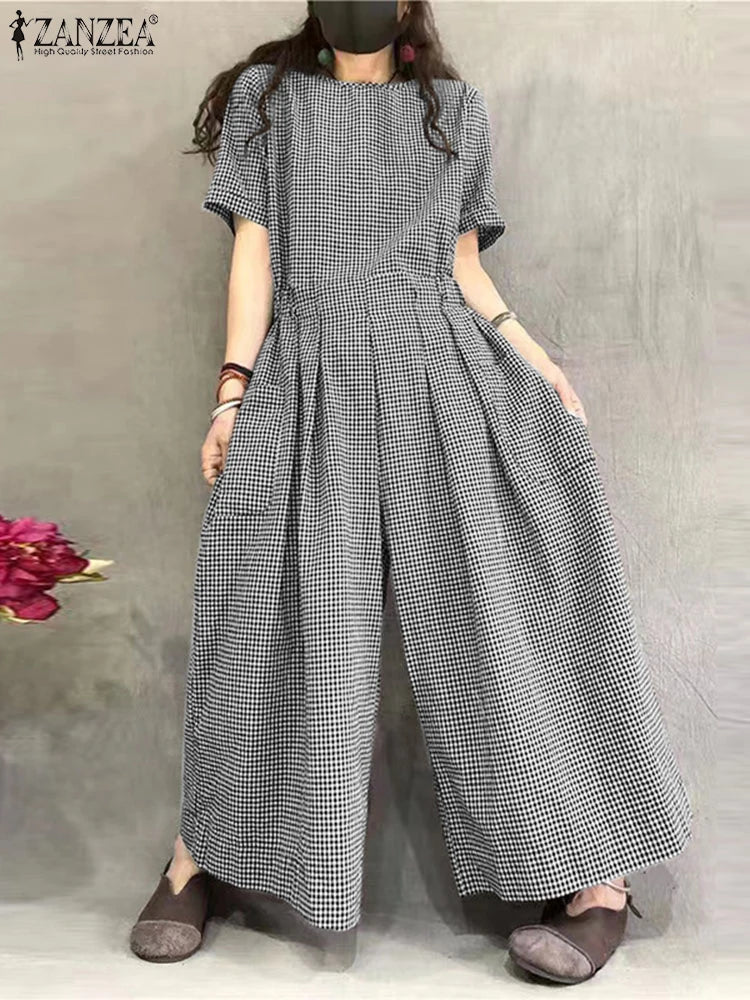ZANZEA Gingham Wide-Leg Jumpsuit – Pleated Waist Casual Romper