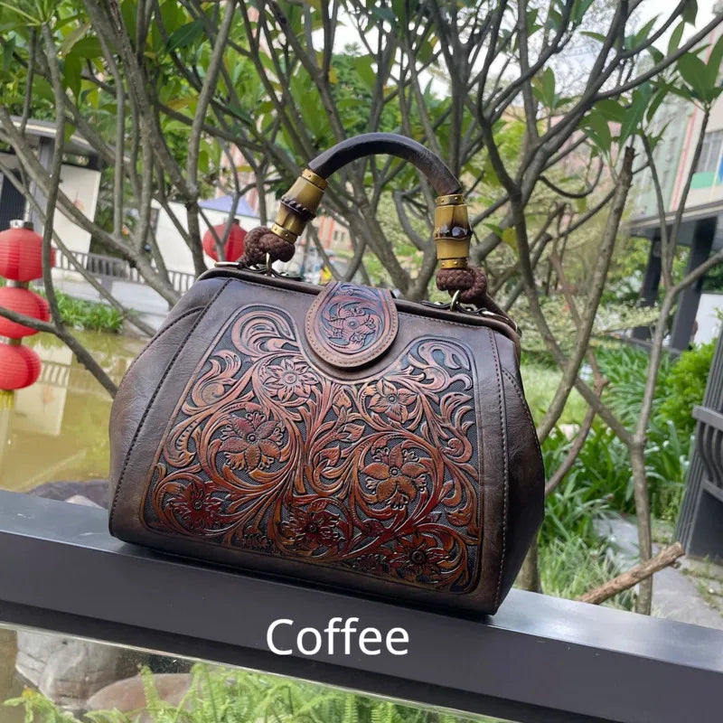 Luxury Handmade Women Shoulder Bag Vintage Carved Leather Women's Bag