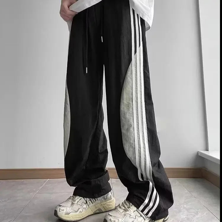Quick-Dry Color-Block Straight Pants – Men’s 3-Stripe Loose-Fit Summer Trousers-HighTouch