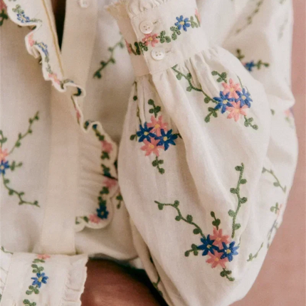 Women’s Floral Embroidery Stand-Collar Ruffle Blouse