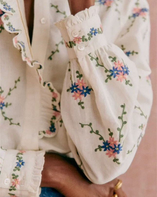 Women’s Floral Embroidery Stand-Collar Ruffle Blouse