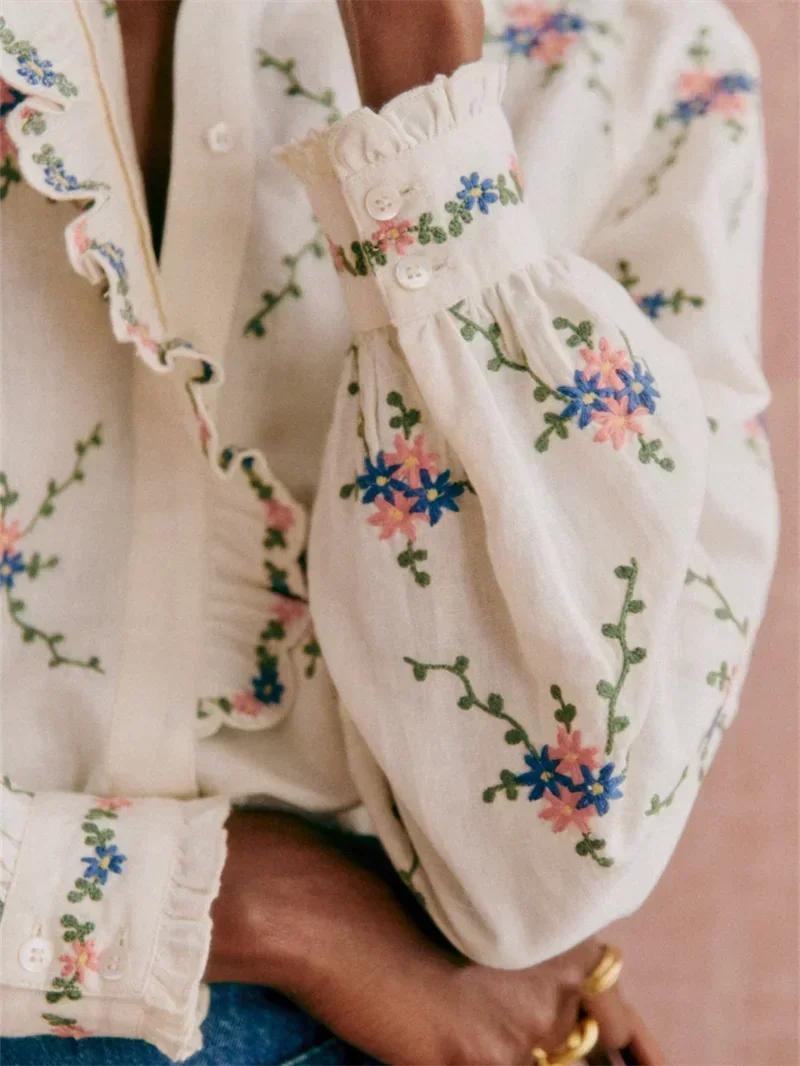 Women’s Floral Embroidery Stand-Collar Ruffle Blouse