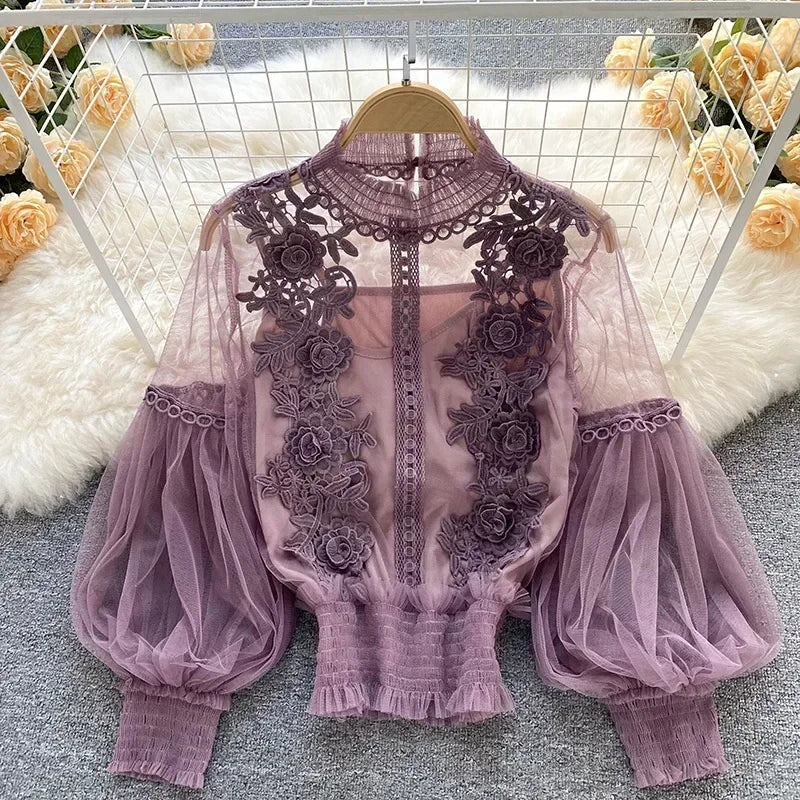 Romantic Lace Puff Long-Sleeve Blouse – Timeless Elegance & Feminine Charm