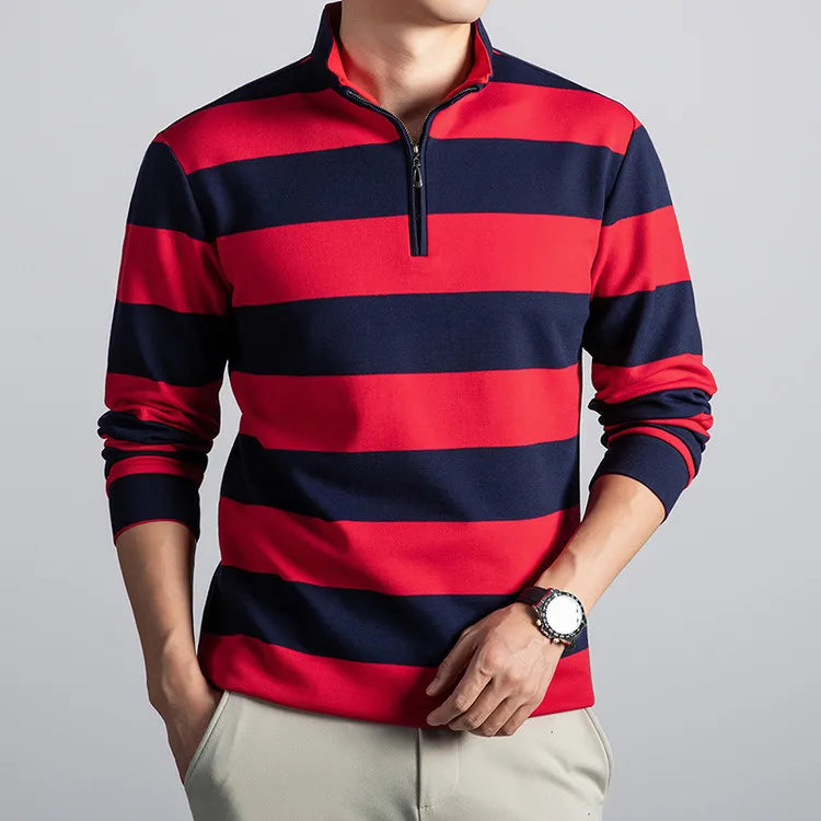 T-shirt met opstaande kraag en lange mouwen met strepen – Zachte katoenmix herfstbasis