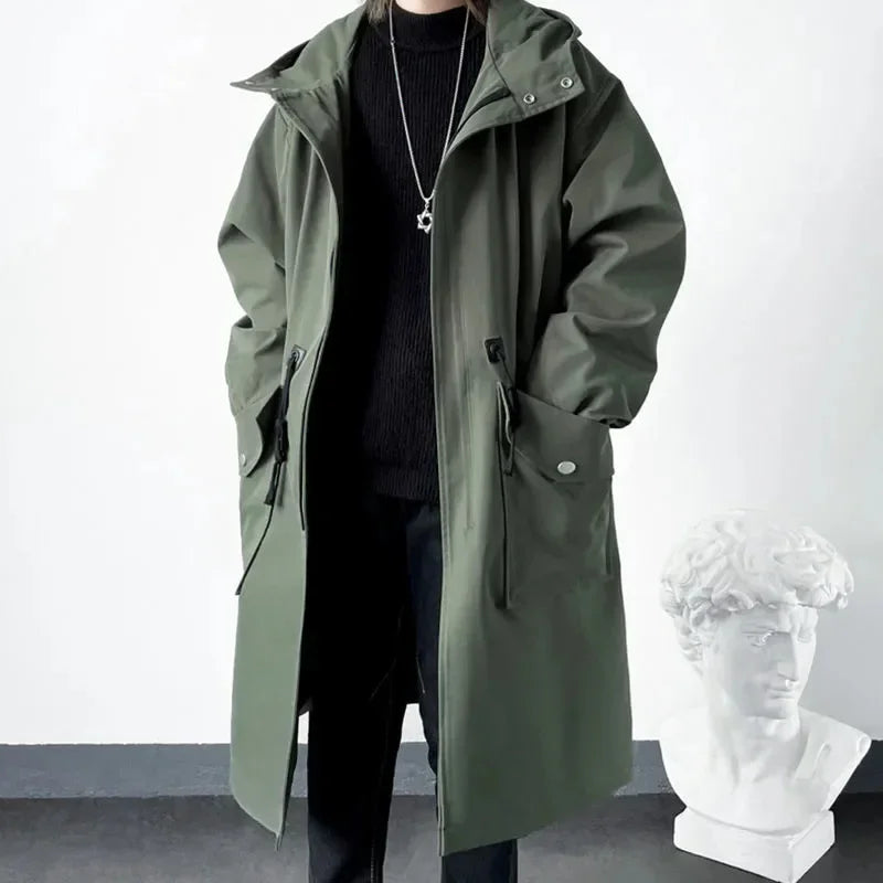 Army Green Hooded Mid-Length Windbreaker Coat Men-HighTouch