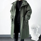 Army Green Hooded Mid-Length Windbreaker Coat Men-HighTouch