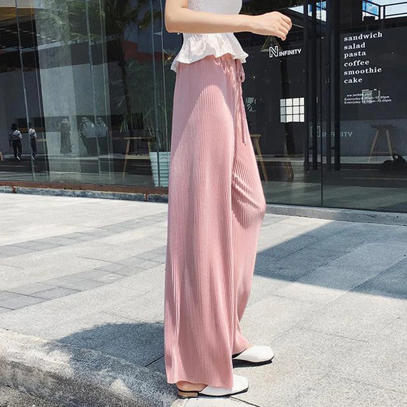 Women’s Ice Silk Wide Leg Pants – Elastic Waist Summer Trousers-HighTouch