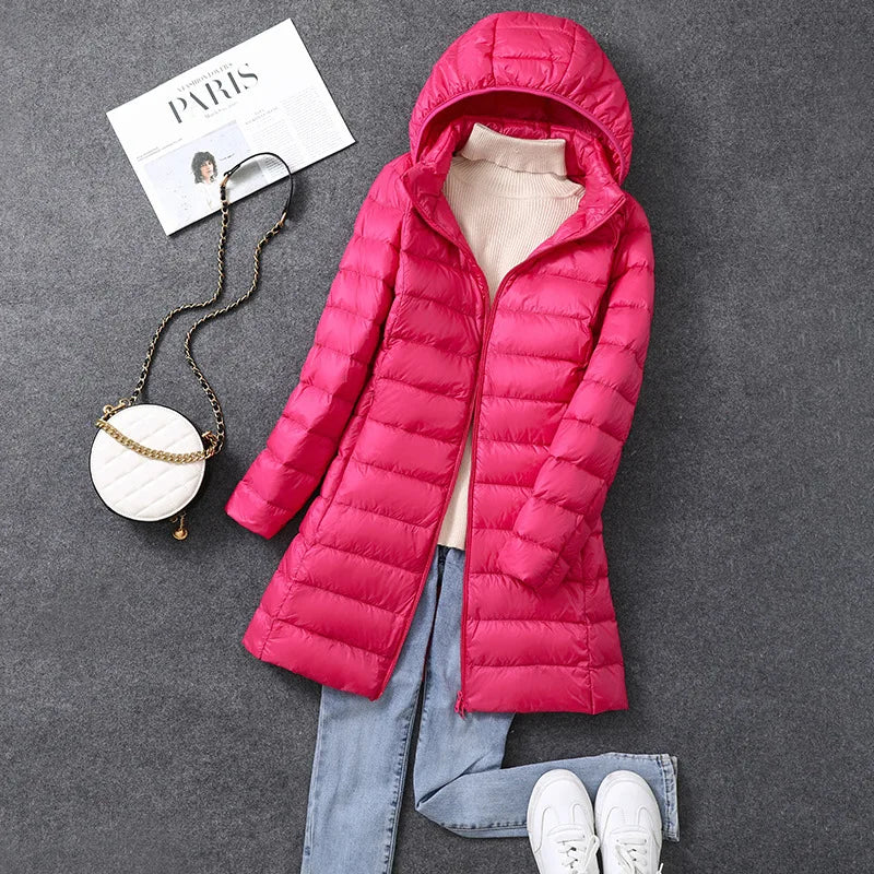 Women's X-Long Office Lady Hat Detachable Puffer Jacket