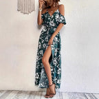 Boho Floral Cold-Shoulder Split Maxi Dress Women-HighTouch