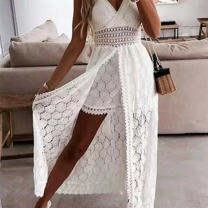 Lace Hollow-Out V‑Neck Playsuit Midi Dress