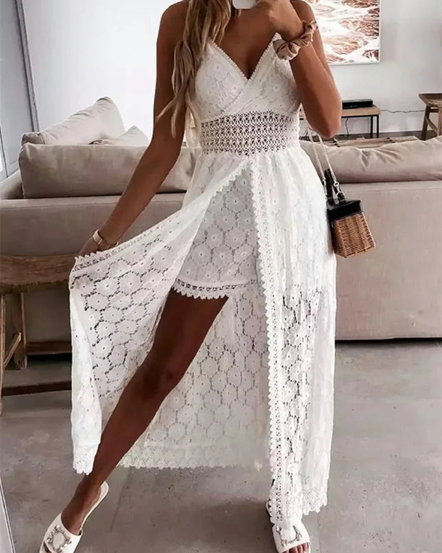 Lace Hollow-Out V‑Neck Playsuit Midi Dress