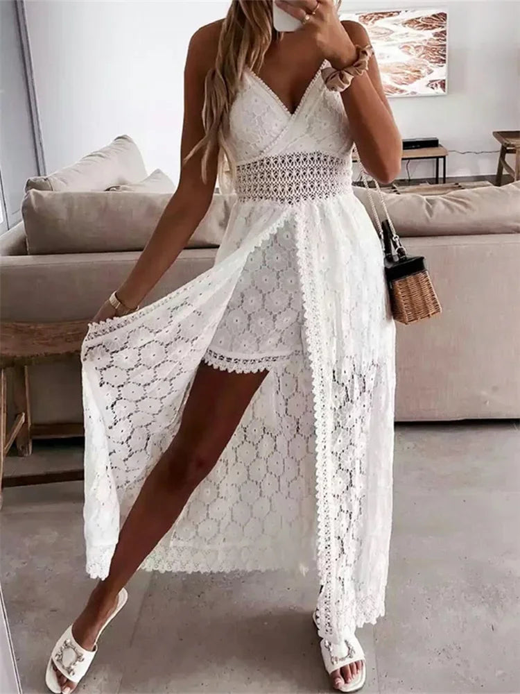 Lace Hollow-Out V‑Neck Playsuit Midi Dress