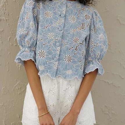 Elegant Blue Print Cotton Shirt – Hollow-Out O-Neck Blouse for Women