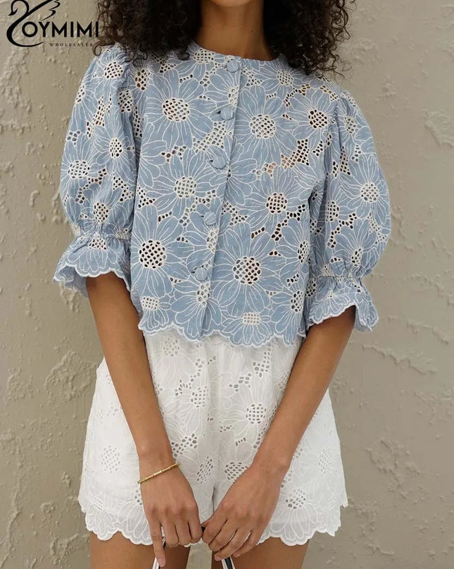 Elegant Blue Print Cotton Shirt – Hollow-Out O-Neck Blouse for Women