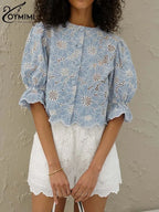 Elegant Blue Print Cotton Shirt – Hollow-Out O-Neck Blouse for Women-HighTouch