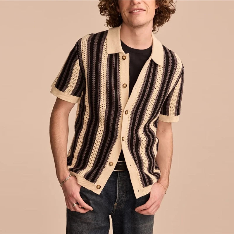 Breathable Hollow-Out Striped Knitted Polo Cardigan for Men