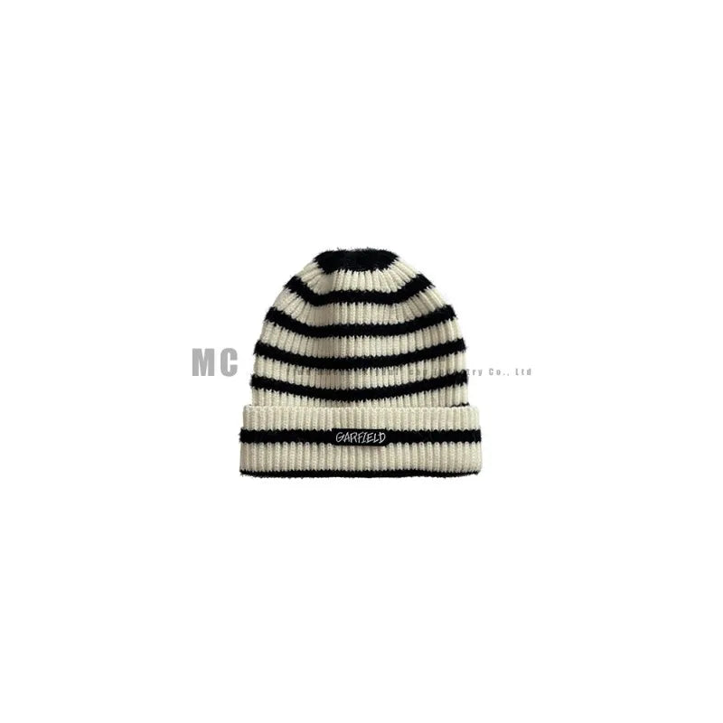 2025 Autumn/Winter Multi-Functional Solid Color Knitted Hat with Warm Hood and Striped Design