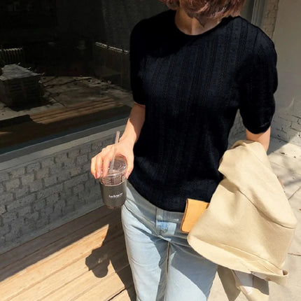 Distressed 100% Cotton Tee – Korean Knit Summer Top