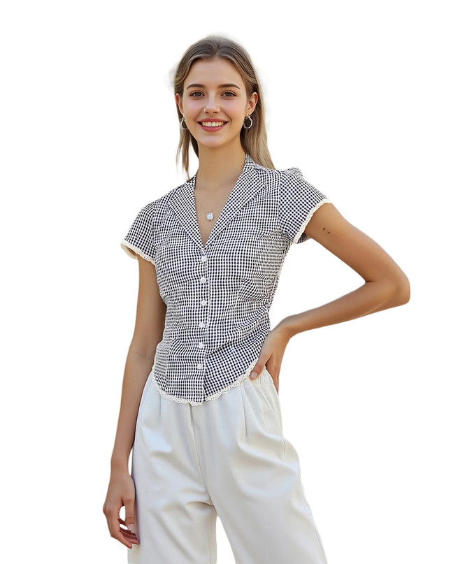 Plaid Lace Trim Button-Down Shirt