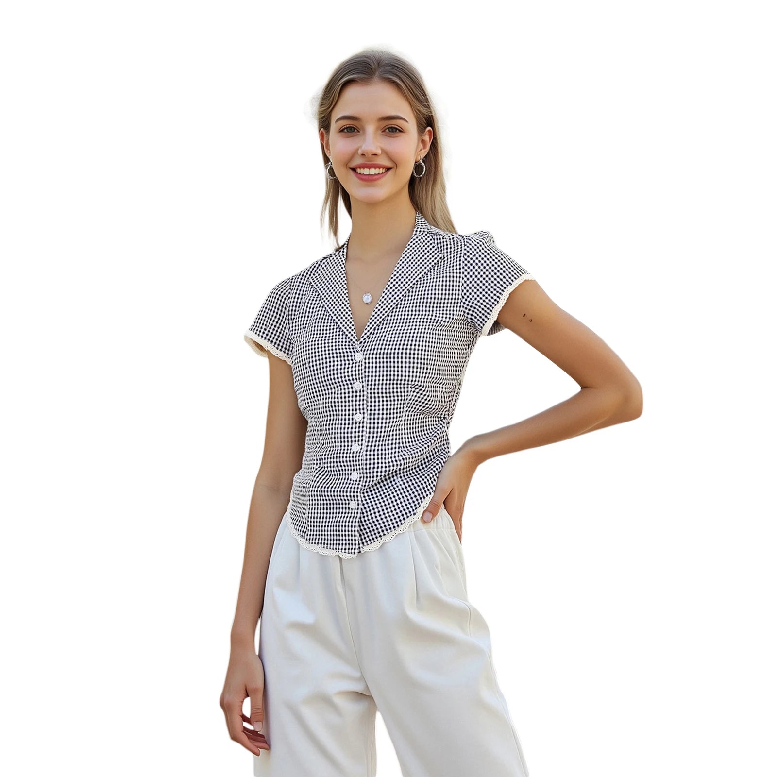 Plaid Lace Trim Button-Down Shirt