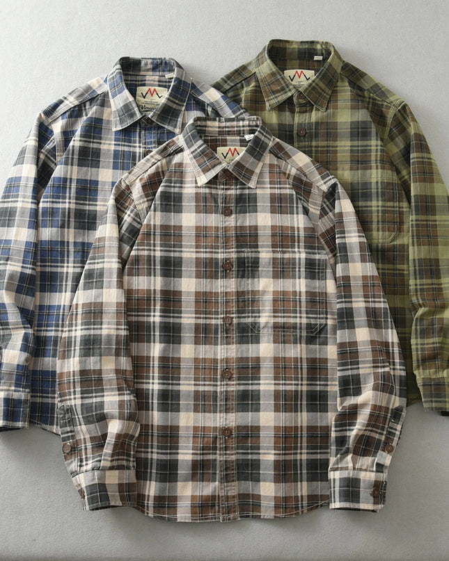 Vintage Wash Plaid Long-Sleeve Shirt Men  Cotton Flannel Casual Jacket