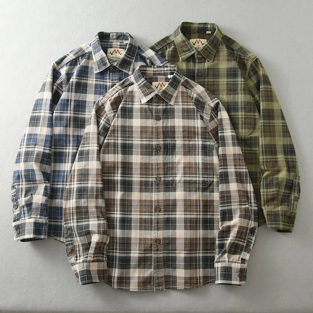 Vintage Wash Plaid Long-Sleeve Shirt Men Cotton Flannel Casual Jacket-HighTouch