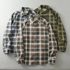 Vintage Wash Plaid Long-Sleeve Shirt Men Cotton Flannel Casual Jacket-HighTouch