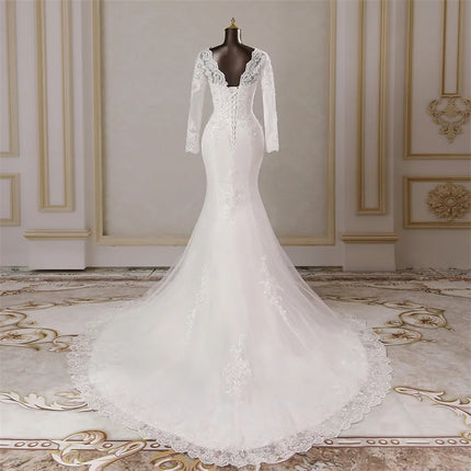 Custom Long‑Sleeve Mermaid Wedding Dress with Lace Appliqués