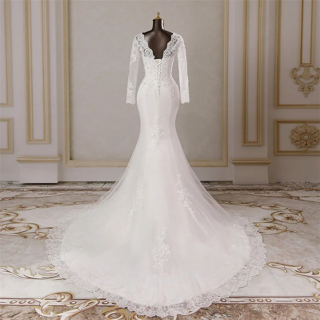 Custom Long‑Sleeve Mermaid Wedding Dress with Lace Appliqués