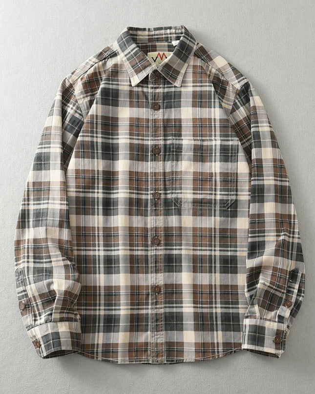 Vintage Wash Plaid Long-Sleeve Shirt Men  Cotton Flannel Casual Jacket