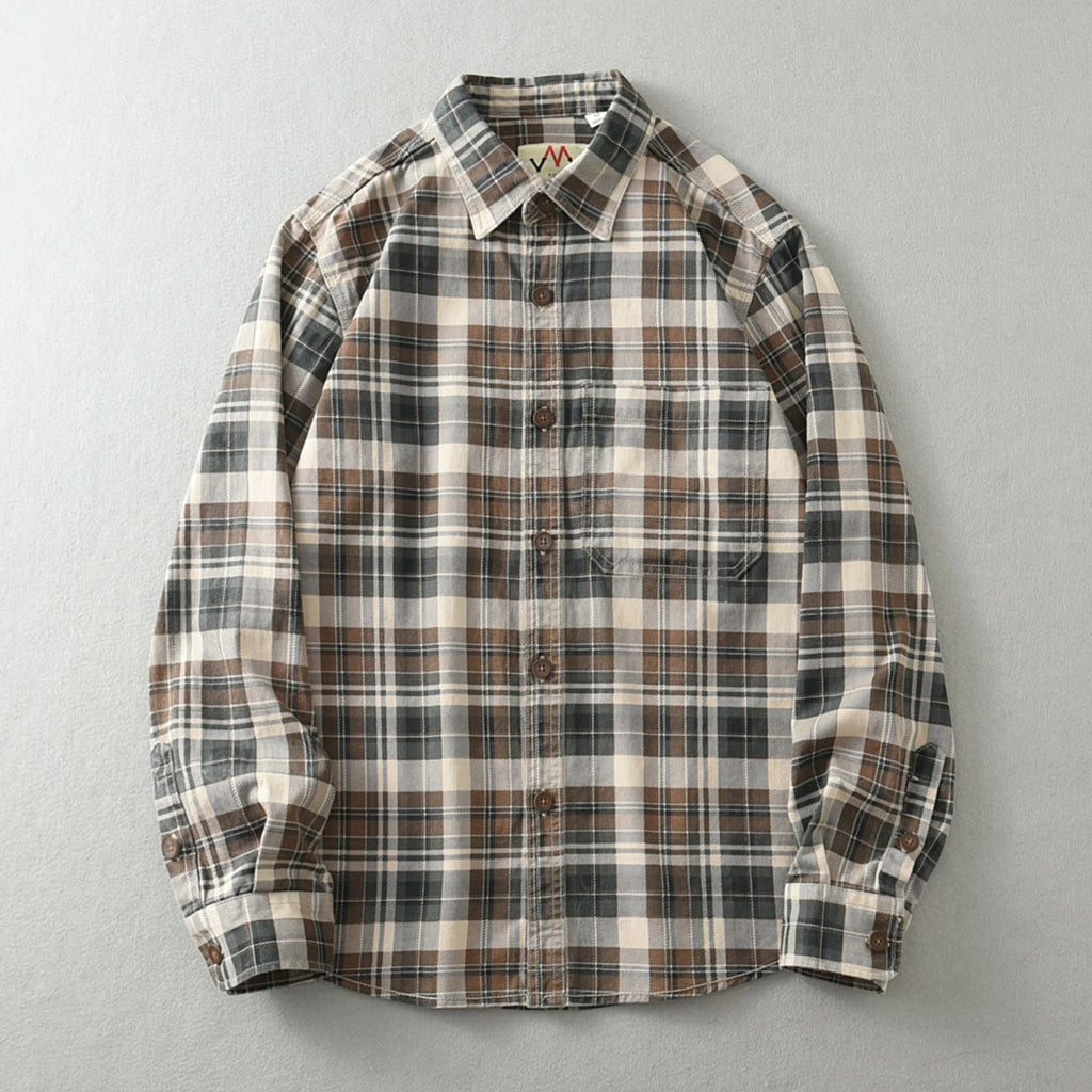 Vintage Wash Plaid Long-Sleeve Shirt Men Cotton Flannel Casual Jacket-HighTouch