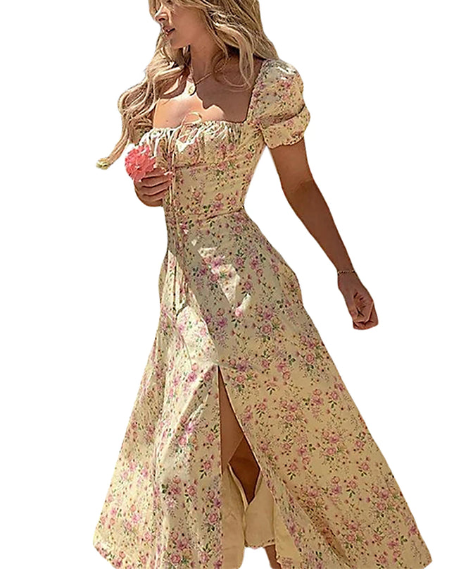 Puff-Sleeve Floral Maxi Dress – Lace-Up Bodice & High Split