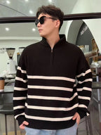 Men’s Striped Semi-Zip Knit Sweater-HighTouch