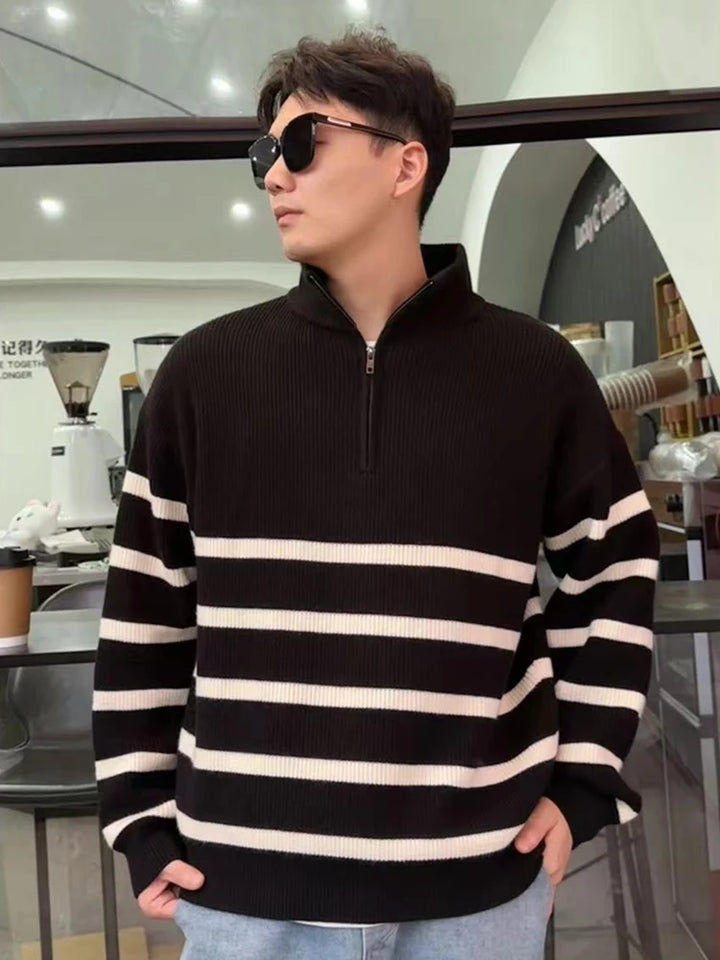 Men’s Striped Semi-Zip Knit Sweater-HighTouch