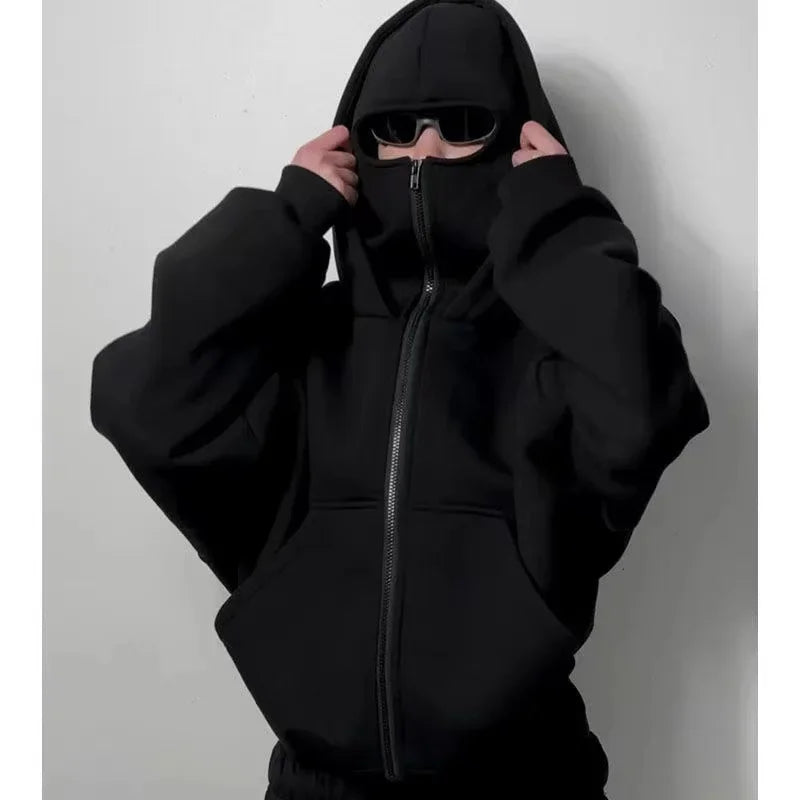 Winter Balaclava Hoodie Unisex Y2K Double Hood Zip Sweatshirt