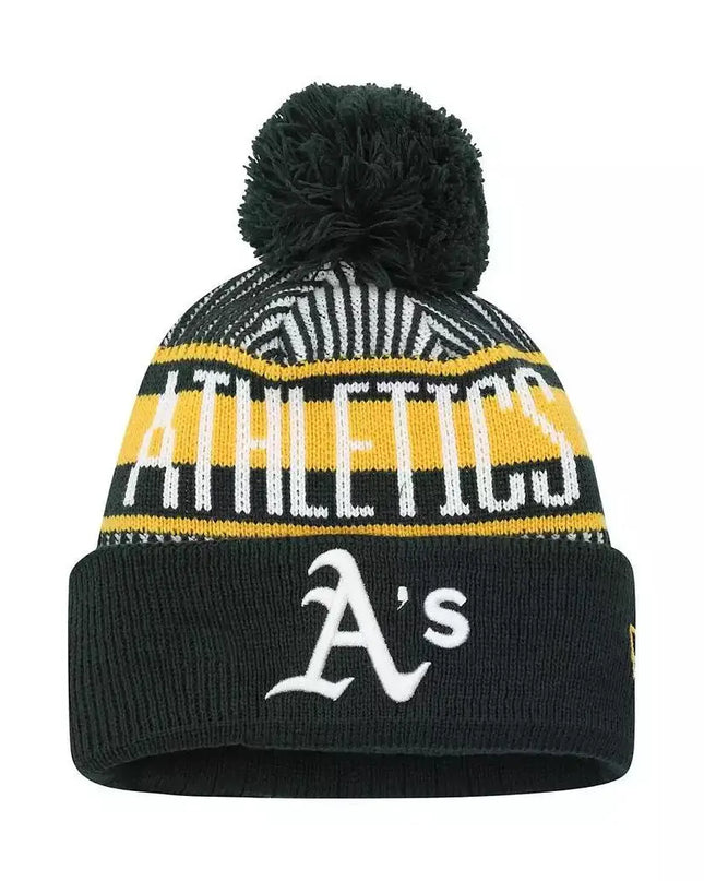 New Era Oakland Athletics Youth Green Striped Knit Hat with Pom