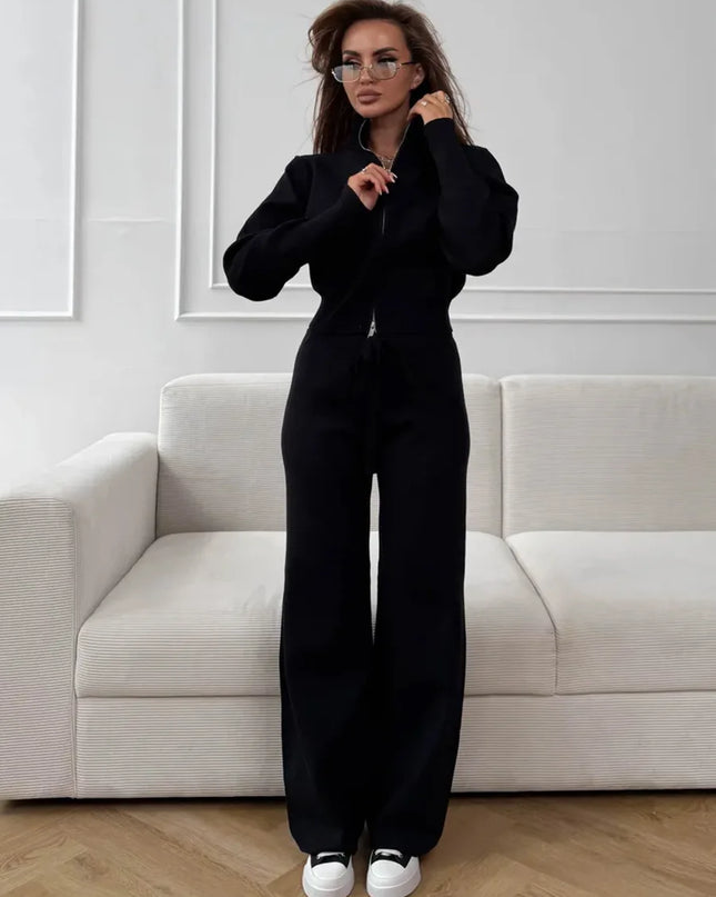 Knit Zip-Up Cardigan & Wide-Leg Pants Set