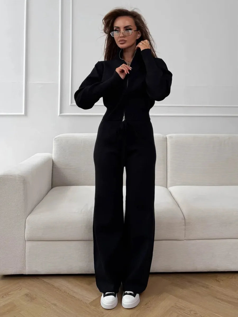 Women’s Knit Two Piece Set Zip Up Cardigan Wide Leg Pants Outfit-HighTouch