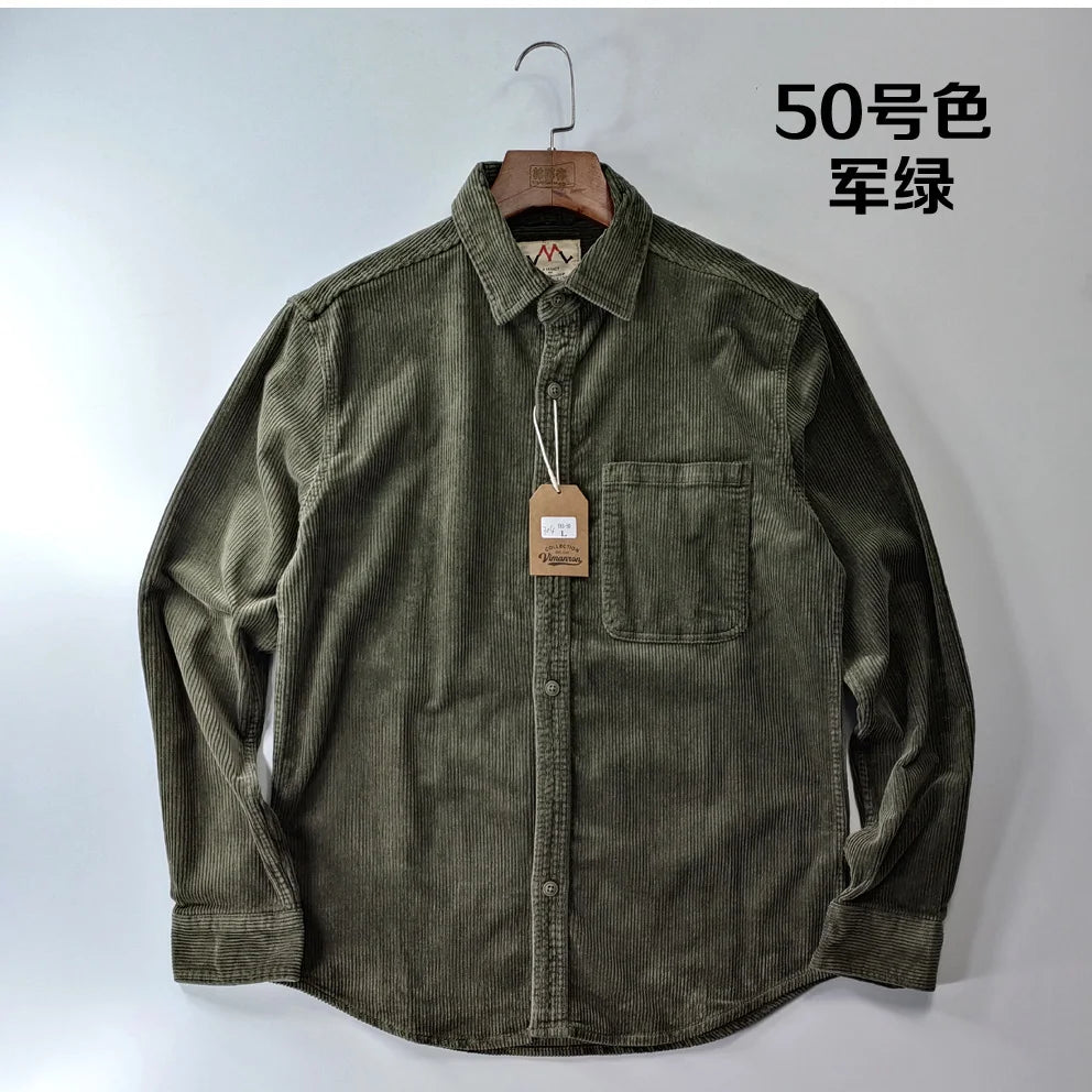 Vintage Retro Corduroy Button-Down Shirt Men –  Cotton Long Sleeve