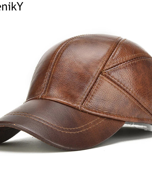 Genuine Leather Earflap Baseball Cap – Real Cowhide Winter Warmth