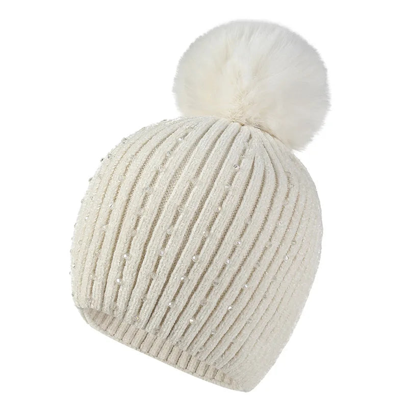 Pearl & Rhinestone Pom Pom Beanie-HighTouch