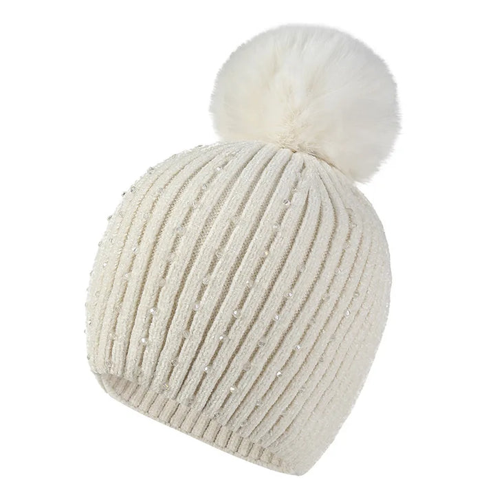 Pearl & Rhinestone Pom Pom Beanie-HighTouch