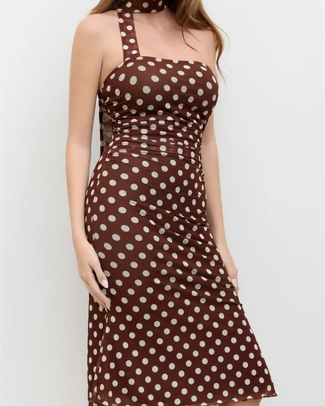 Strapless Off‑Shoulder Polka Dot Maxi Dress with Scarf – Elegant Summer Slim Fit